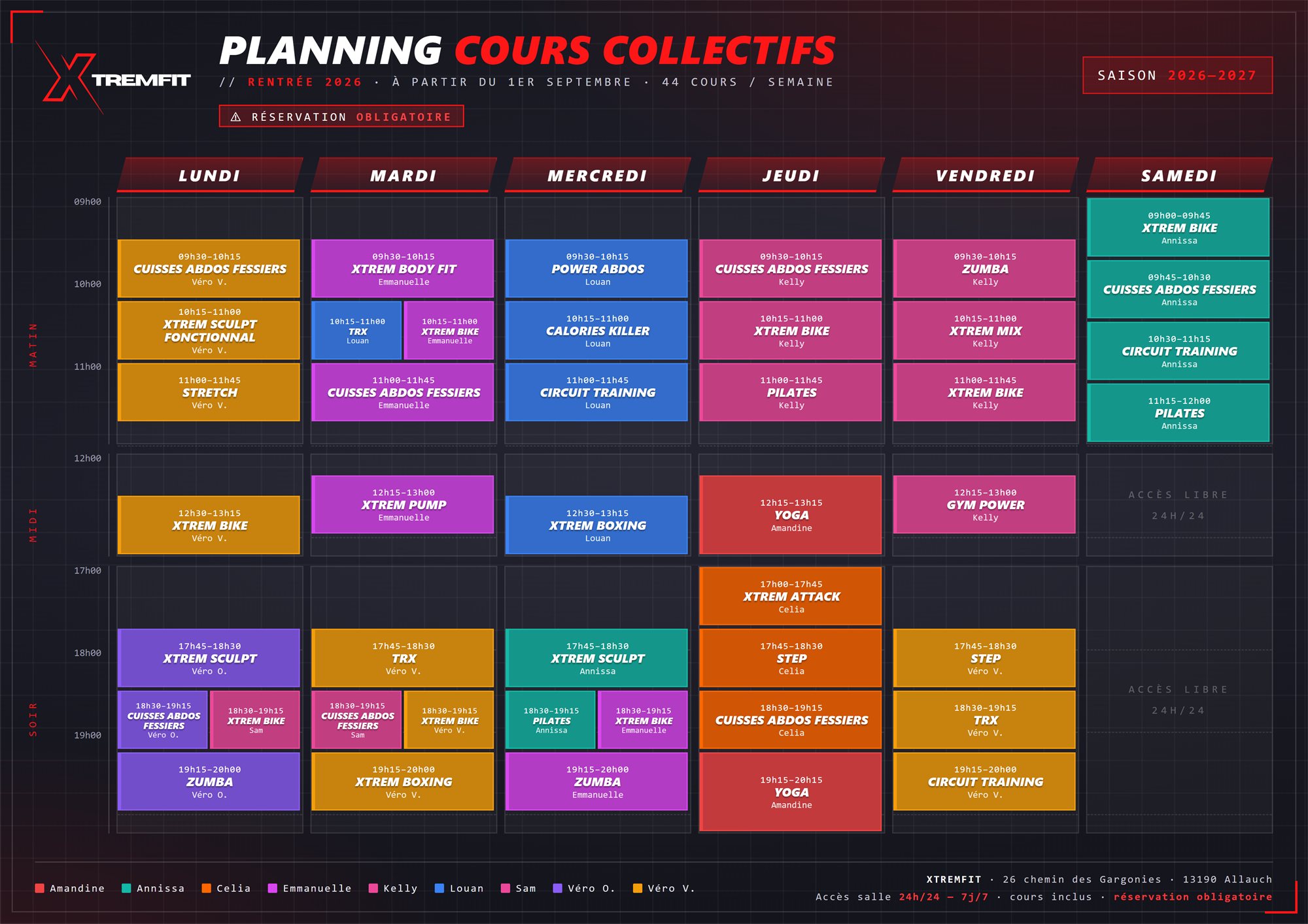 Planning complet des cours collectifs XTREMFIT